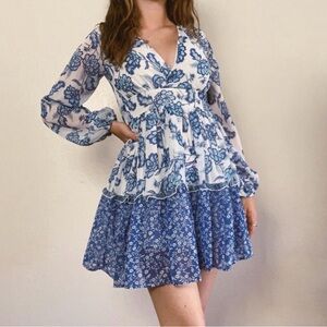Japna Blue Floral Chiffon Long Sleeve Tie Waist Ruffle Dress Size S Mixed Print
